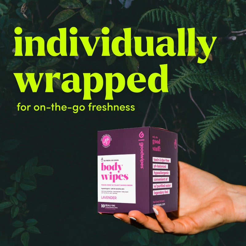 Goodwipes Body Wipes, Really Big for All Over, Made with Aloe, Plant Based and Hypoallergenic, Wipe Away Sweat and Odor, For Face and Body-Lavender, 10 Count - Image 3